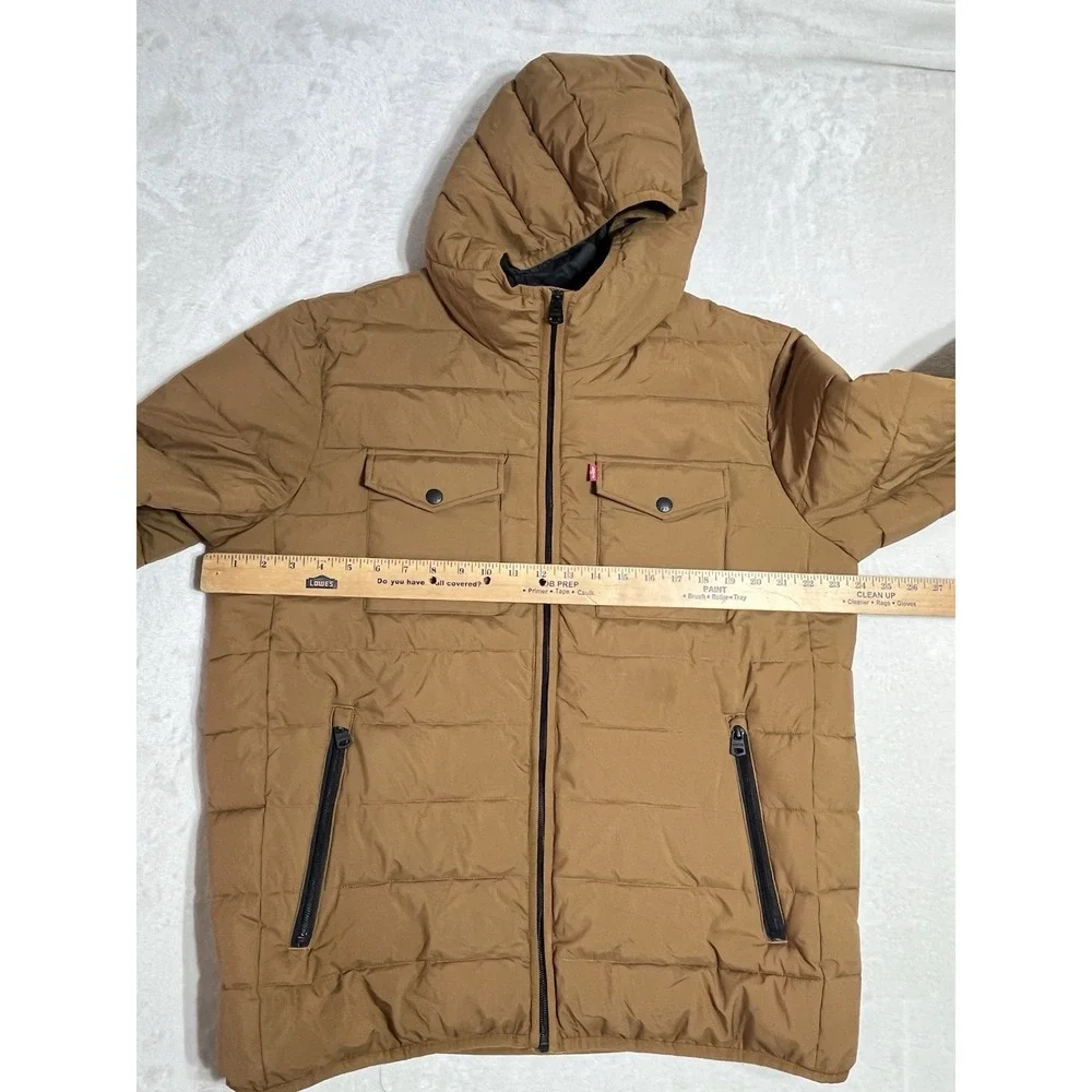 Levi's Men's L Brown Quilted Pockets Jacket Parka Puffer Hoodie Winter Hood EUC